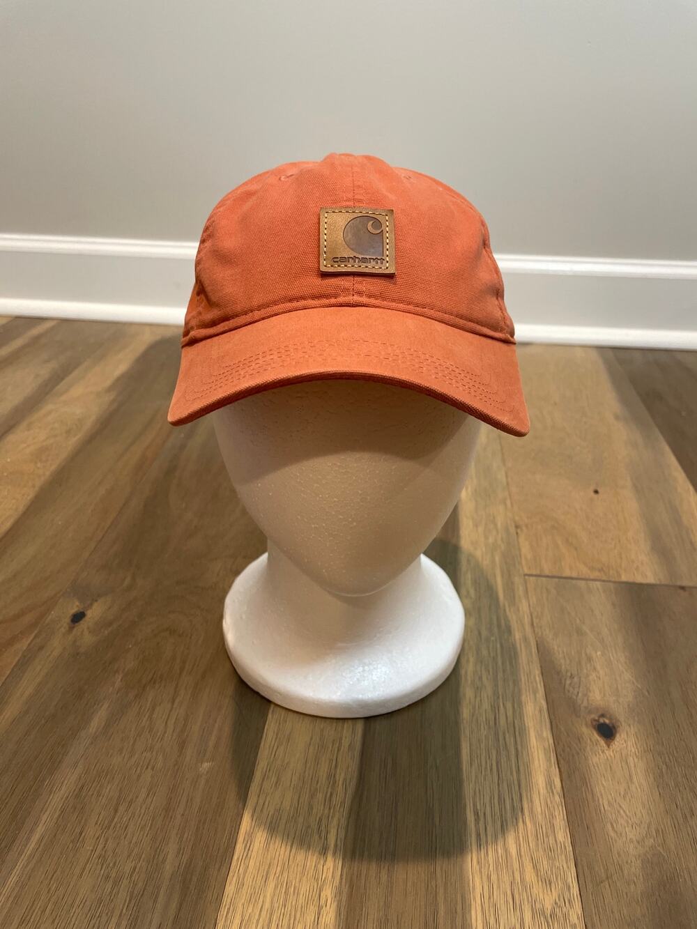 Carhartt Deep Orange Baseball Cap Size OS Leather Logo Adjustable Strap Workwear